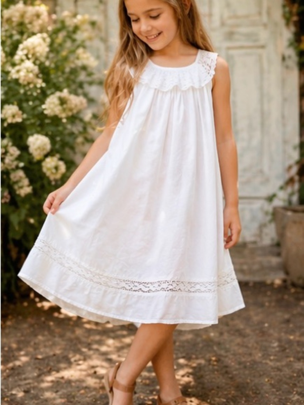 White Lace-Trim Sleeveless Casual Dress for Girls